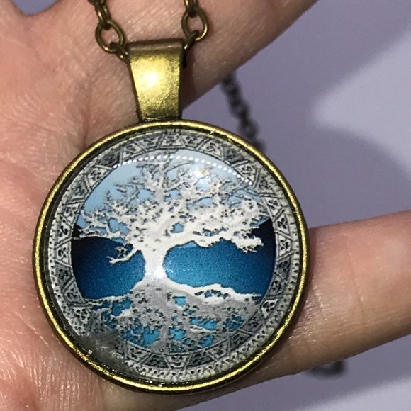 18" Blue Tree and Reflection Brass Necklace - Picture 4 of 5
